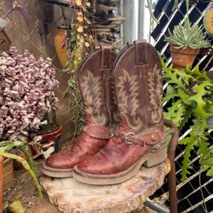 Ostrich Justin Cowboy Boot Size 5C with Crepe soles and Western Sprurs attached